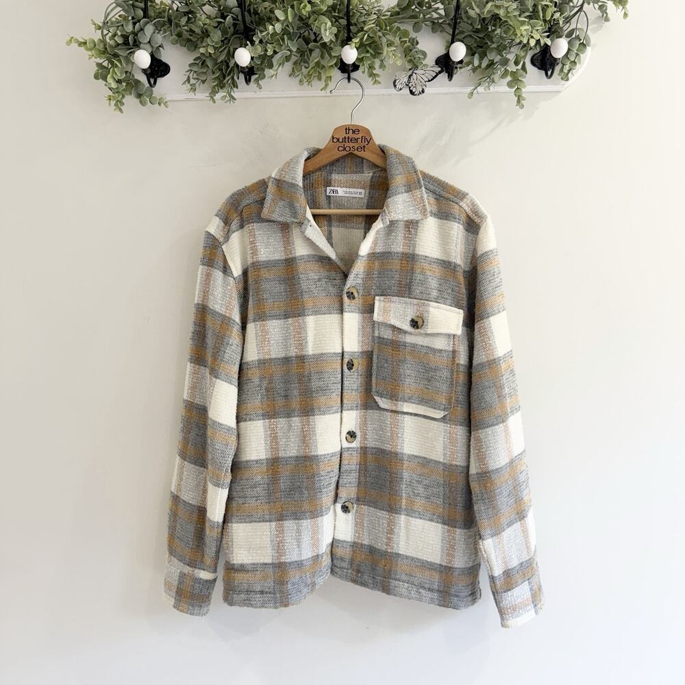 Men’s Zara Brown Blue Plaid Button Down Shacket Medium